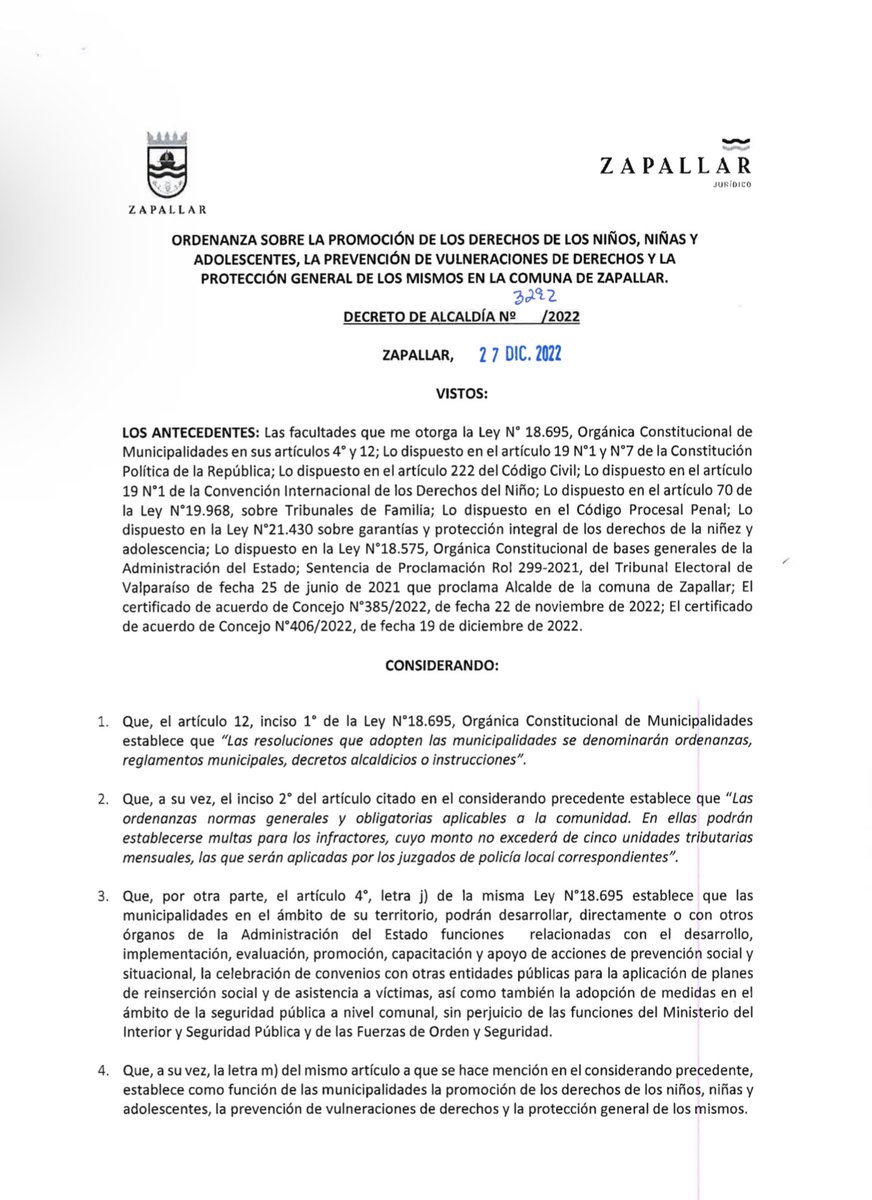 Disponible la Ordenanza sobre la promoción de los derechos de los niños, niñas y adolescentes, la prevención de vulneraciones de derechos y la protección general de los mismos en la Comuna de Zapallar. 

Link: uploads.strikinglycdn.com/files/a184ea71…