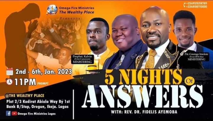 EhiNicholas's tweet photo. BREAKING:

Satan is in trouble as Apostle Suleman sons takes their different cities on a strategic theme to start the year: (NIGHTS OF ANSWERS).

GOD'S PRESENCE WILL BE GREATLY FELT IN THIS MEETINGS.

Check flyers for full details.
#OfmAbuja
#OfmLagos
#meganicholasanthonyblog https://t.co/TeJsm6OEVf