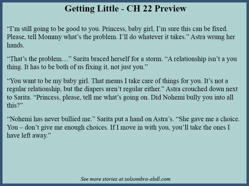 SolYSoldados's tweet photo. Last chapter of Getting Little is up on my free archive!

Astra and Sarita have a lot to work out - can Sarita stay strong and not cave in the face of Astra's powerful mommy vibes?

https://t.co/CQ2s3ubGMy

#abdl #abdlfiction #abdlcouple #abdldiapergirl #abdlkink #abdlprincess https://t.co/iMPP2Rbaft