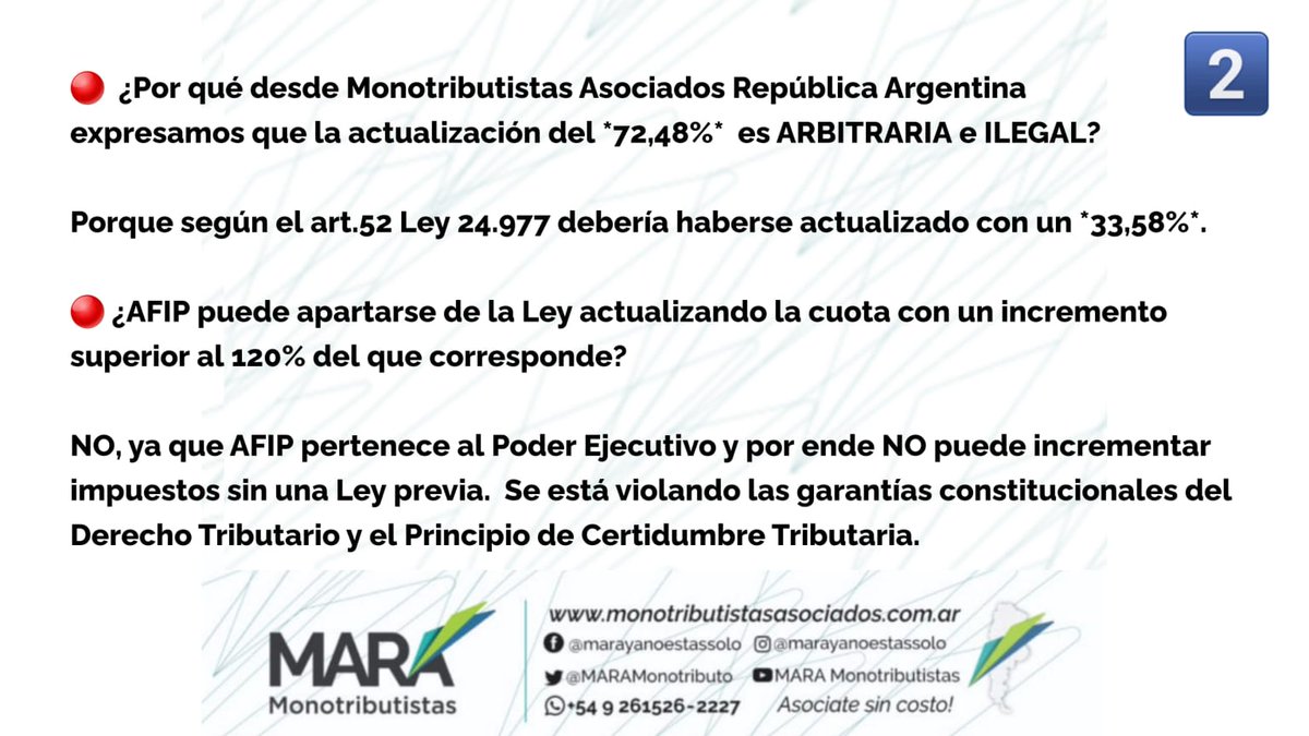 MARAMonotributo's tweet photo. @AFIPcomunica es ILEGAL el aumento que figura en las tablas para el 2023. Hemos enviado nota a @alferdez y a @SergioMassa para que intervengan en la situación. Caso contrario @MARAMonotributo presentará los recursos administrativos y judiciales q correspondan. #BastaDeAtropellos https://t.co/riEnCkDZjo