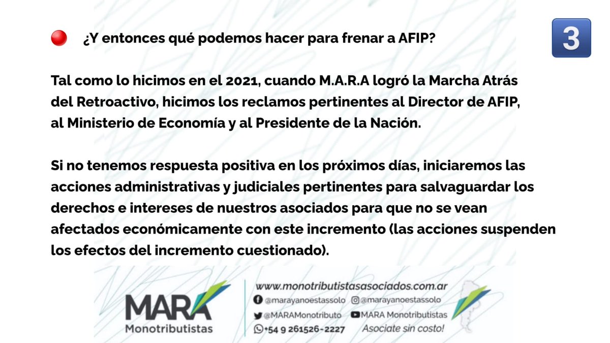 MARAMonotributo's tweet photo. @AFIPcomunica es ILEGAL el aumento que figura en las tablas para el 2023. Hemos enviado nota a @alferdez y a @SergioMassa para que intervengan en la situación. Caso contrario @MARAMonotributo presentará los recursos administrativos y judiciales q correspondan. #BastaDeAtropellos https://t.co/riEnCkDZjo