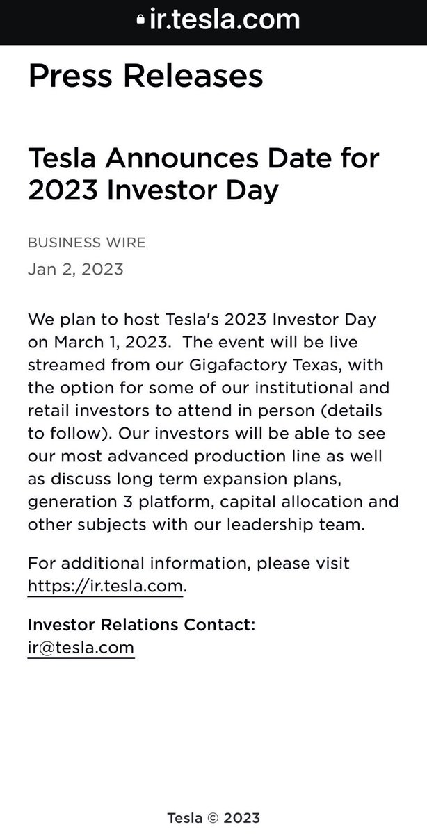 FonsDK's tweet photo. Tesla Investor Day 2023

$TSLA Investors will be able to see/discuss:

1) Long-term Expansion Plans
2) Generation 3 Platform
3) Capital Allocation

Sounds to me like we'll get information about new factory(ies), a new vehicle model &amp; potentially get more info re: stock buybacks… https://t.co/jGae3exA5D