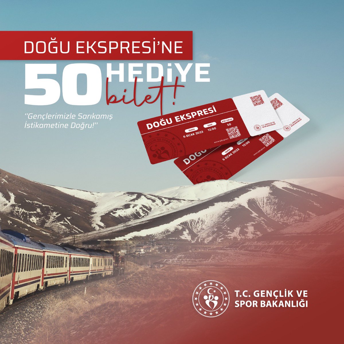 🚂 Doğu Ekspresi, bu defa Sarıkamış şehitlerimizi anma etkinliklerine doğru hareket ediyor!

🇹🇷❄️ Bizlere eşlik etmek isteyen 50 gencimizi de bu tarihi yolculuğa davet ediyorum.

#BizHepAynıİzdeyiz etiketine yaşadığınız şehri yazmanız yeterli.📌