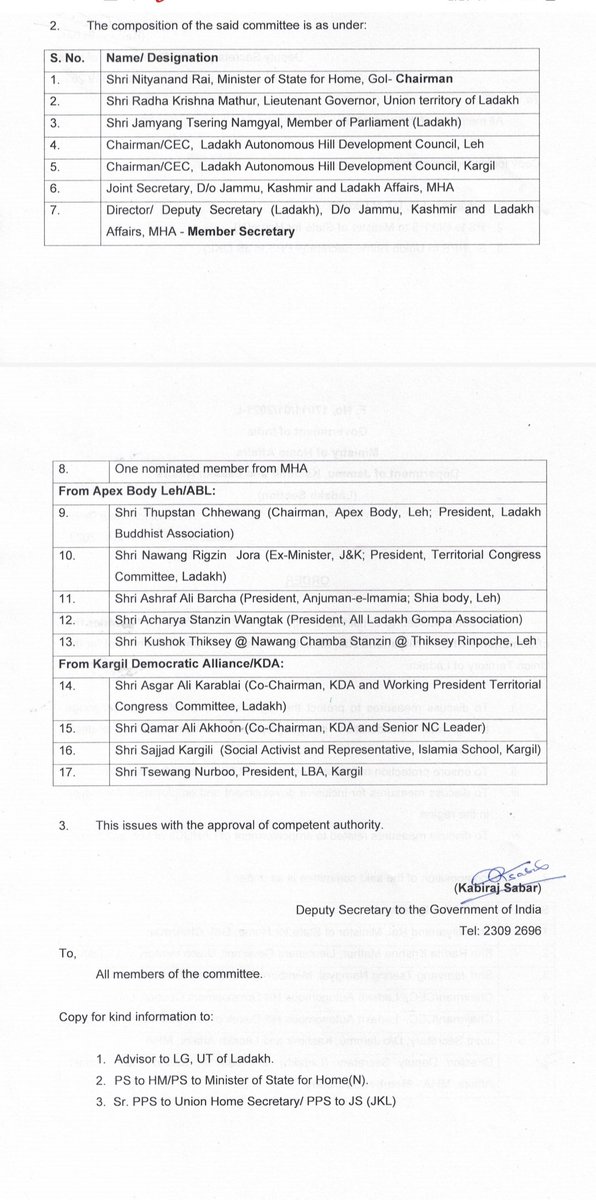 Constitute a High Powered Committee under the Chairmanship of Sh Nityanand Rai Minister of State for Home Affairs,  Government of India for the Union Territory of Ladakh