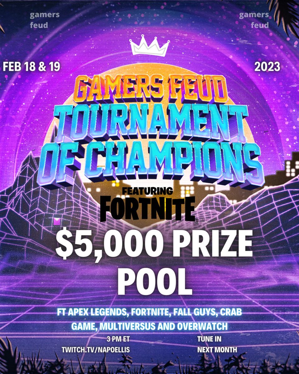GamersFeud's tweet photo. Time to start 2023 with a BANG 💥

The Tournament of Champions featuring @FortniteGame and more brought to you by @DoodLive  is back with a $5,000 possible prize pool - our biggest season finale event yet 🤯

Who do you want to see competing? https://t.co/DgunqUr9AR