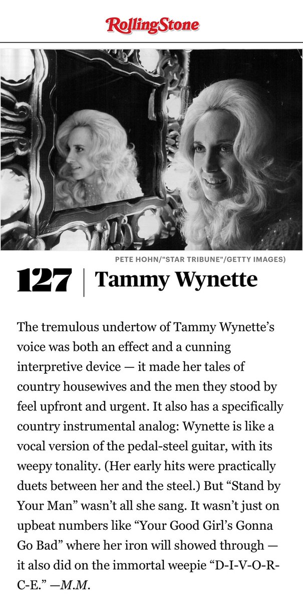 Rolling Stone includes Tammy Wynette in their list of top 200 greatest singers of all-time (all genres). #TammyWynette #countrymusic #top200