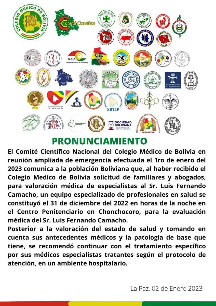 El Comité Científico Nacional del Colegio Médico de Bolivia fue hasta la cárcel de Chonchocoro para hacer una valoración médica del Gobernador Luis Fernando Camacho y recomendó que,