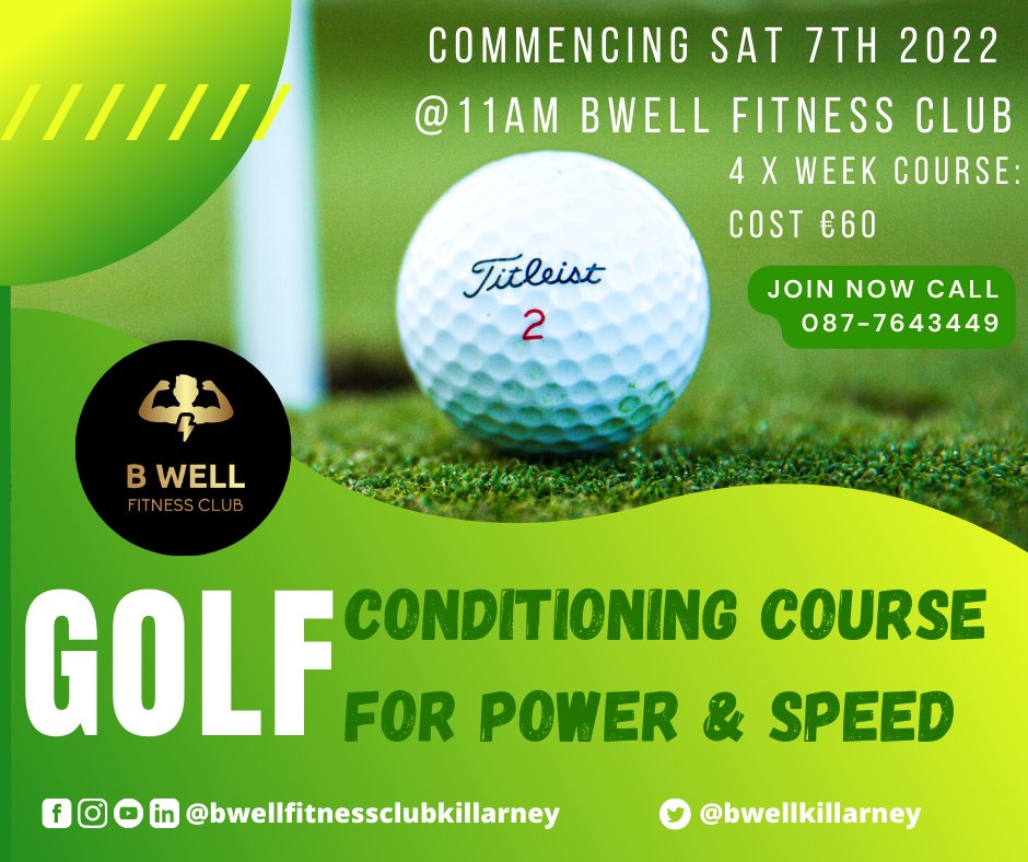 bwellkillarney's tweet photo. We've designed this course to help improve flexibility, mobility and strength for golf specific movements and help you with your golf gains⛳️

Book with the B Well App or click the link below:
https://t.co/kCBot6h4Tc

#golf #golffitness#golfconditioning https://t.co/vUYJJVEMgg