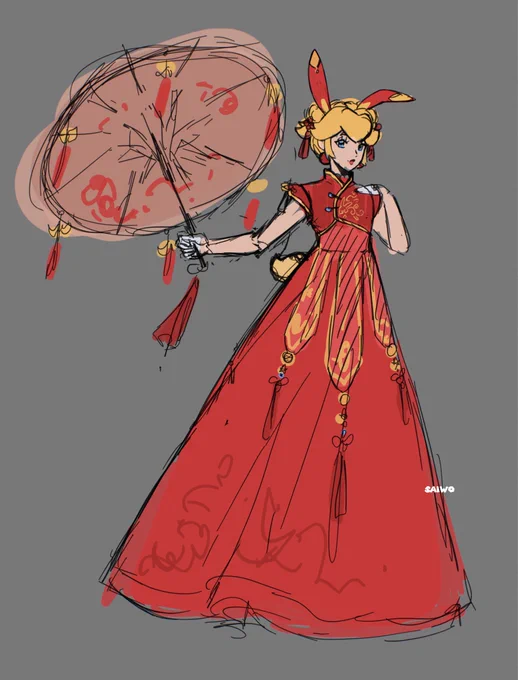 Bunny chinese new year outfit for peach… should i finish this? Was thinking about making keychains out of this design hehe 