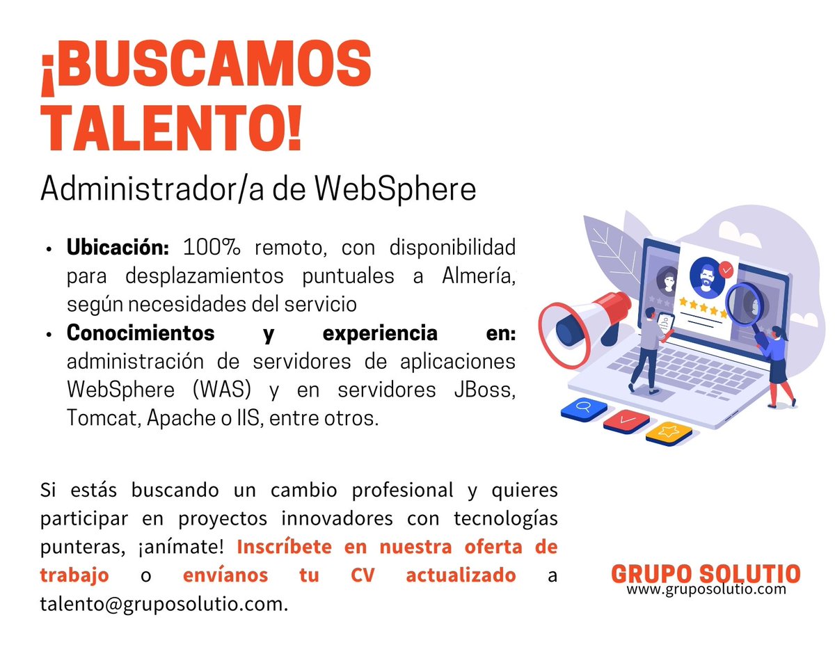 Grupo_Solutio's tweet image. Para proyecto 100% remoto de larga duración, buscamos a un/a #AdministradorWAS o #AdministradorWebSphere (L2 y L3).  

➡Aplica aquí: bit.ly/3VFPluh
➡Envíanos tu CV a talento@gruposolutio.com

#SolutioTalent #WebSphereAdministrator #WebSphere #JBoss #Tomcat #IIS #Apache