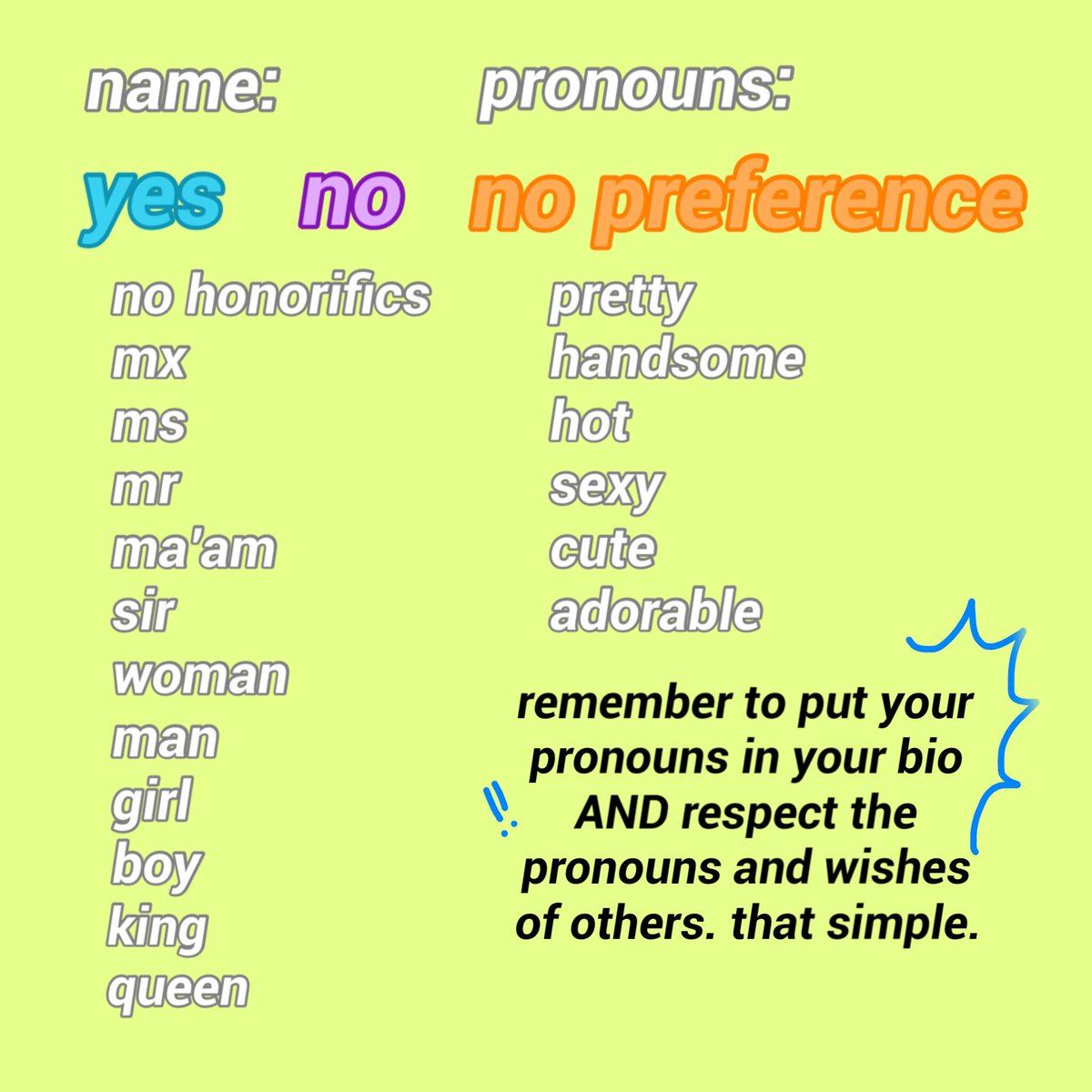 MUSICDJAE's tweet photo. this is a check sheet for everyone who wants to can fill out. if you see someone fill it out, bookmark and save it!!
this isn’t exhaustive and do your own research if you’re unfamiliar with someone’s pronouns.
just respect people. it’s really not that hard <3
#fiorireintro https://t.co/A8bYKQuk72