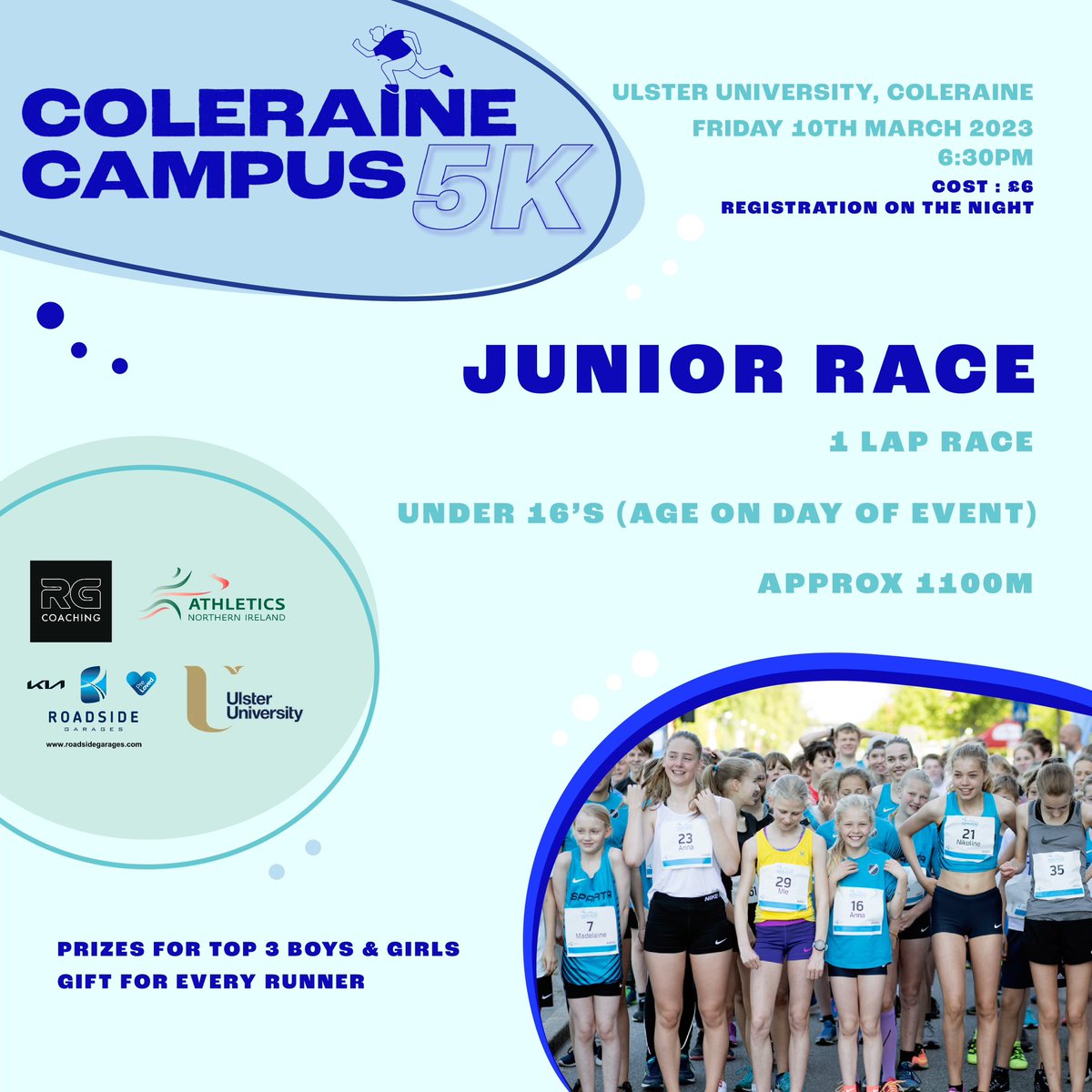 Happy to announce there will be a Junior Race (registration on night) at 6.30pm on the evening of Coleraine Campus 5k.
Share with clubs, schools, sports teams and everyone!
#colerainecampus5k #juniorrunning #SportsDevelopment 
<a href="/UlsterUniSport/">Ulster Uni Sport</a> <a href="/AthleticsNI/">Athletics NI</a> <a href="/InsideTrack7/">Malcolm McC ☘️🏴󠁧󠁢󠁳󠁣󠁴󠁿🇪🇺🏃🏻‍➡️</a>