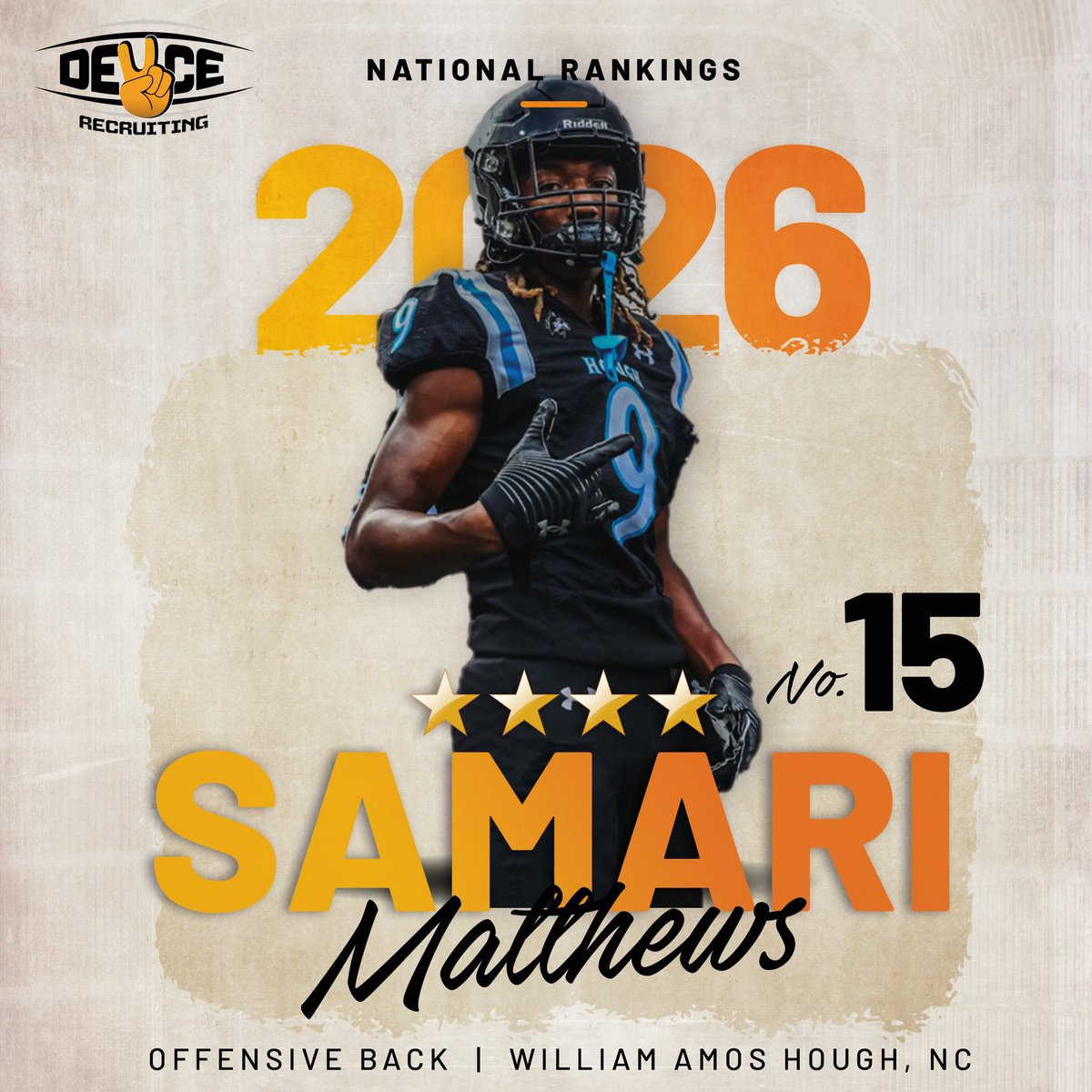 borntocompete's tweet photo. Congrats to @samari_matthews for being ranked a 4⭐️ &amp; #4 DB (#15 overall) by @deucerecruiting for the class of 2026. Full rankings released at ✌️✌️✌️pm. #classof26 @HoughFB @Alex_B2C @coachdowns_gary https://t.co/wbNmkbb7tB