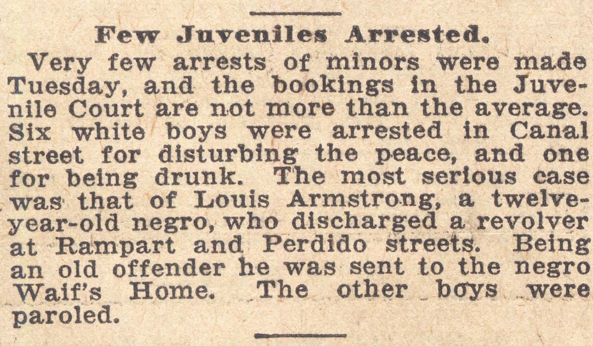 ArmstrongHouse's tweet photo. The arrest of 12-year-old Louis Armstrong, as covered in the New Orleans Democrat 110 years ago today. Wonder what became of that “old offender”….. https://t.co/tv4ntaIDIg