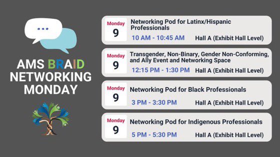 amsbraid's tweet photo. Join @amsbraid at these events Monday! Pods were created so those identify with these community may network informally. #AMSBRAID #AMS2023 https://t.co/4SO0rfm3Uw