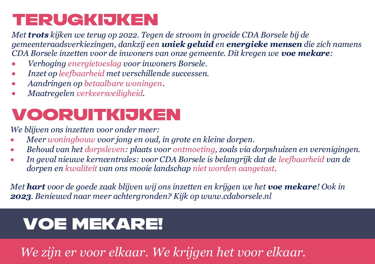 Het CDA Borsele wenst iedereen een gelukkig, goed en gezond 2023!!

Een mooi moment voor ons om even terug te kijken maar vooral vooruit naar het nieuwe jaar.

Voor meer informatie zie cdaborsele.nl