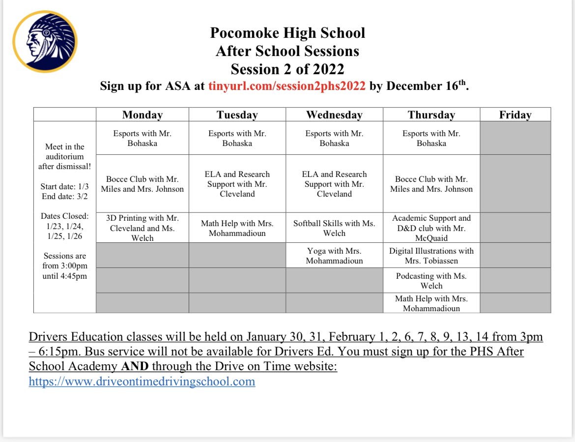 Session 2 of the After School Academy will start tomorrow, January 3rd. Sessions last from 3:00pm until 4:45pm! <a href="/PHSWarriors1957/">PHS Warriors</a>