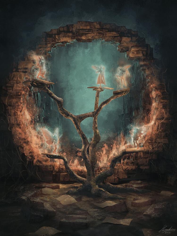 aliencharmart's tweet photo. Hi! Here an artwork available “Tree Of Tales” #blender #zbrush #Photoshop #digitalart #NFT #notminted #available #tree #magic #fantasy #darkfantasy #books #stories #tales https://t.co/7SgsJbLSc7