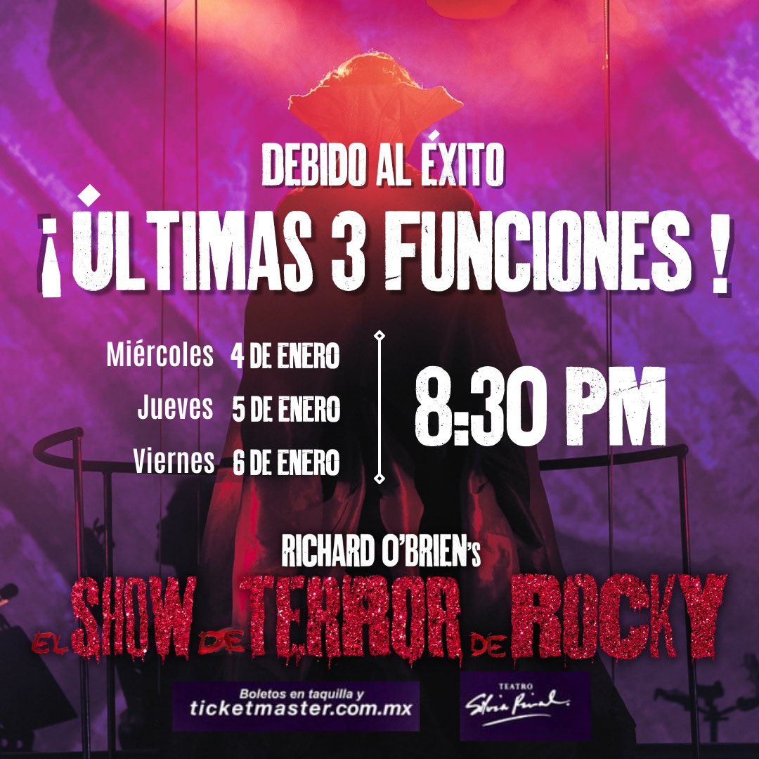 Elshowdeterror1's tweet photo. ‼️ NUEVAS y ÚLTIMAS fechas del espectáculo mas sensual en #CDMX: #ElShowDeTerrorDeRocky 

• Miércoles  4 de enero
• Jueves 5 de enero 
• Viernes 6 de enero 

¡Te esperamos en @teatrosilviapin a las 20:30 h!

Boletos en taquilla y @Ticketmaster_Me. 

🎟️ https://t.co/qSpGsgAD0i https://t.co/4lEv4bNJlY