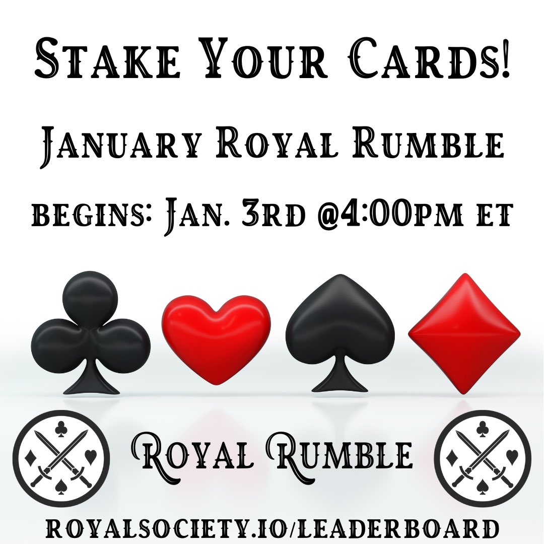 RoyalSocietyOP's tweet photo. 🚨Stake your RSOP Cards NOW!🚨
The 1st #RoyalRumble of 2023 starts tomorrow, January 3rd at 4pm EST!
Stake your cards now and be assigned a team (♥️♠️♦️♣️) to earn and compete for $ROYAL + #RLP (👑 x 1)
#CompetitiveStaking #RSOP
Stake your cards here:
https://t.co/X5KPlTy5H3 https://t.co/u18DReHjyL