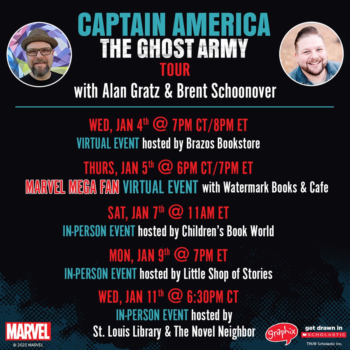 AlanGratz's tweet photo. Join me and @brentschoonover online and in-person over the next two weeks as we launch CAPTAIN AMERICA: THE GHOST ARMY!!!! More info on how to register for individual events, click here: https://t.co/GihbNc5Zvl @Scholastic @GraphixBooks @Marvel https://t.co/60tehErn98