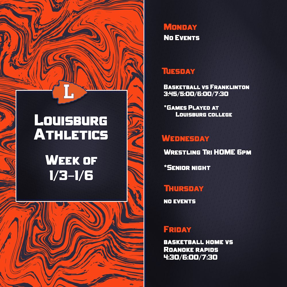 LHSAthleticsFCS's tweet photo. This week’s athletic events.  We have a ton of home events so come see our Warriors in action! https://t.co/eTXiOI6gjV