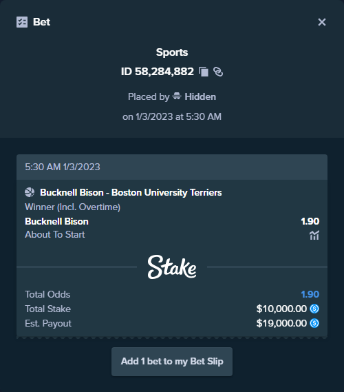 stakehighroller's tweet photo. ALERT: New high roller bet posted!
A bet has been placed for $10,000.00 on Bucknell Bison - Boston University Terriers to win $19,000.00.
To view this bet or copy it https://t.co/DOfW7d9oG8 https://t.co/ks228nUKBI