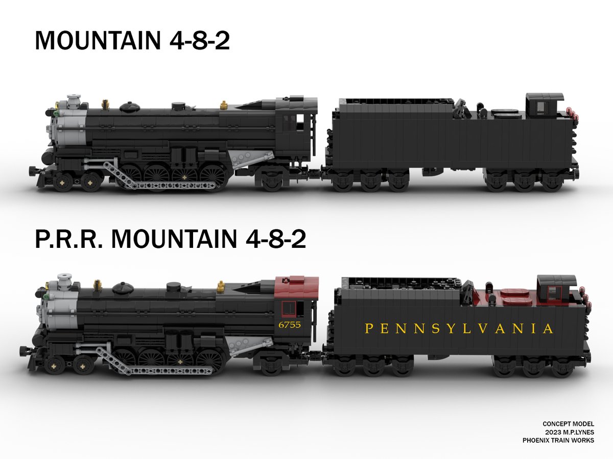 PlayingwithEcho's tweet photo. As the first #mocmonday of 2023, here is the iconic #Pennsylvania #railroad #mountain 4-8-2 in P.R.R. livery and extended tender car. Designed with only @LEGO_Group parts, I aim to build for real in the next few months. XD
#phoenixtrainworks #moc #afol #lego #steam #train https://t.co/01mAqJCyBt
