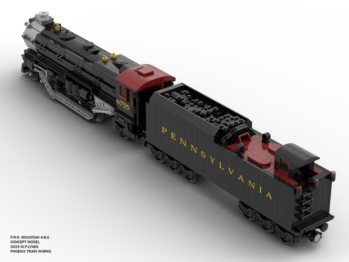 PlayingwithEcho's tweet photo. As the first #mocmonday of 2023, here is the iconic #Pennsylvania #railroad #mountain 4-8-2 in P.R.R. livery and extended tender car. Designed with only @LEGO_Group parts, I aim to build for real in the next few months. XD
#phoenixtrainworks #moc #afol #lego #steam #train https://t.co/01mAqJCyBt