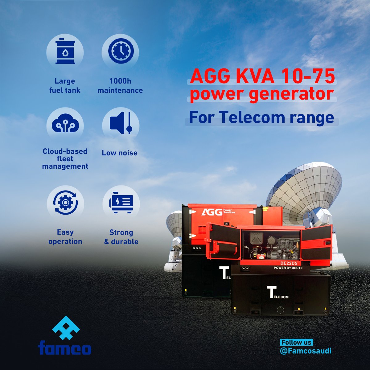 FamcoSaudi's tweet photo. The most powerful generator from AGG power 👇
AGG KVA 10 - 75
Specifically designed to adapt to #telecom_sector needs. 📡
المولد الأقوى من AGG Power
مصمم خصيصًا لتلبية كافة احتياجات قطاع الإتصالات ✅
متوفر الآن لدى #فامكو
#famco
#telecommunication #powersolution https://t.co/f6LXbydfaf