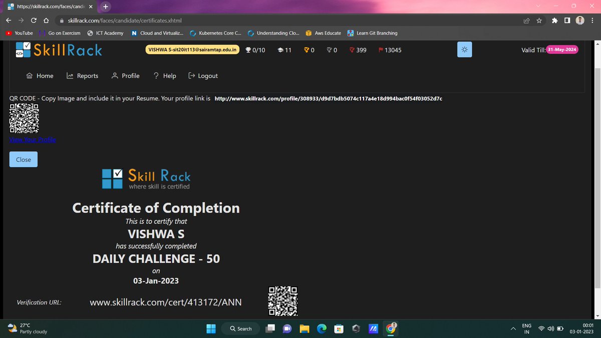 Vishwask_22's tweet image. -&amp;gt; #100DaysOfCodeChallenge: On Day98, Solved #DailyTest and #DailyChallenge in @skillrack platform. Today I got Certificate for solving #50Challenges. My friends helped me a lot while I do #ProblemSolving, Thanks for supporting me guys Nandhagopalan G P, MOHANRAJ G SIT, Akash J.