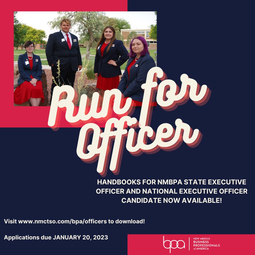 NM_BPA's tweet photo. We are so excited that our #NMBPA State Executive Officer and #NMBPA @BPAConnect National Executive Officer Candidate Handbooks are now LIVE online!

Visit https://t.co/RGqfZEcZZ9 to download! Applications are due January 20, 2023!

#IndestructibleNMBPA #IAMNMCTSO @officers_bpa https://t.co/s7975RASeI