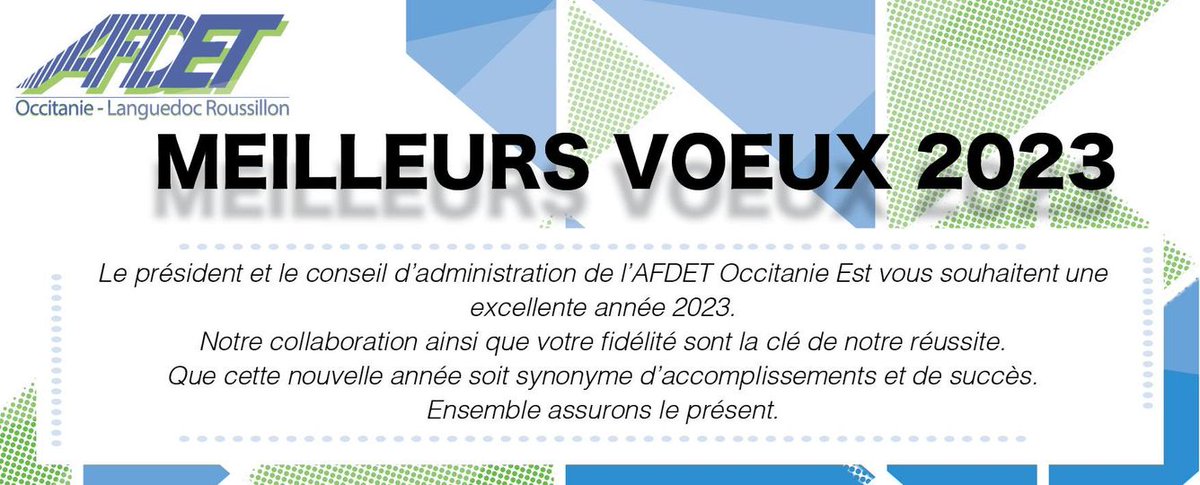 AFDETOcc's tweet photo. L' #AFDET et sa délégation territoriale AFDET Occitanie e, vous présentent ses meilleurs Vœux pour l'année 2023 !
A très vite pour avancer ensemble !
@AFDET1 @AfdetNa @AFDETOcc #PhilippeDole #JeanClaudeCochet @jcochet1948 #AvenirsMétiersPassions #AMP https://t.co/DNEtXLKcb0