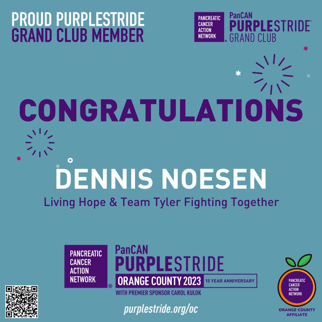 PanCANOC's tweet photo. Congratulations to Dennis Noesen for becoming a member of our 2023 @PanCAN #PurpleStride #OrangeCounty #GrandClub!
💰
The PurpleStride Grand Club is a nationwide program recognizing participants who individually raise $1,000 or more for #PurpleStrideOC
💜
#PanCANOC #TurnOCpurple https://t.co/cc5MFa75uN