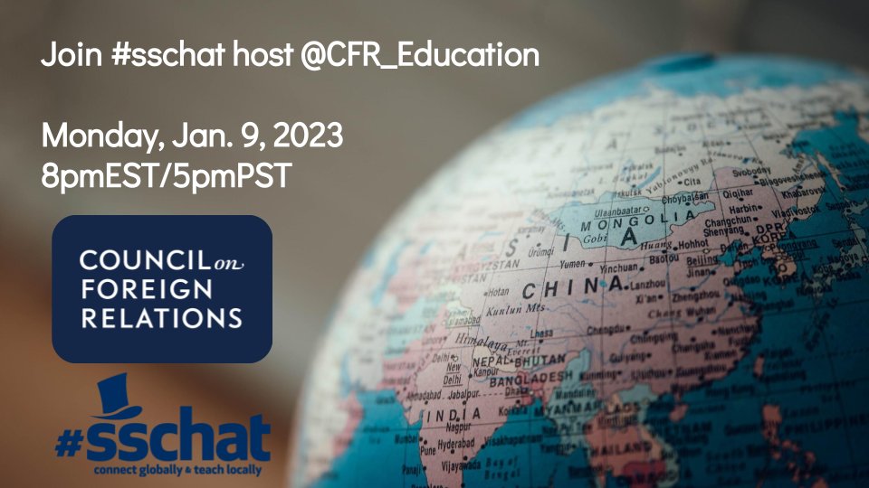 Chris Hitchcock 🌍📚 (@chitch94) on Twitter photo Join #sschat next Monday (1/9) for a discussion led by <a href="/CFR_Education/">CFR Education</a> The chat will start at 8pmEST/5pmPST. Hope to see you there! Join #sschat next Monday (1/9) for a discussion led by <a href="/CFR_Education/">CFR Education</a> The chat will start at 8pmEST/5pmPST. Hope to see you there!