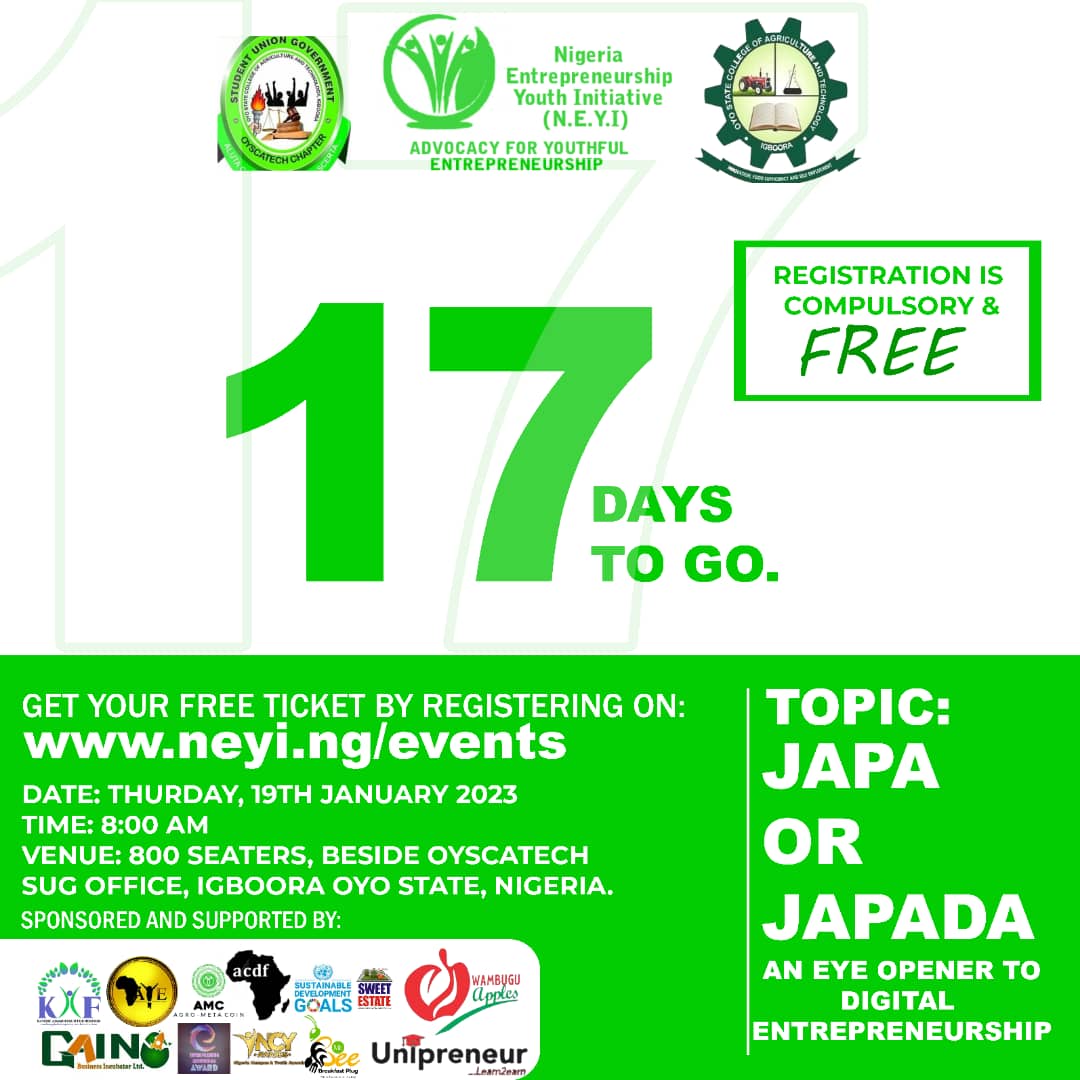 tweet_neyi's tweet image. 17 days to go ! 

Oyo State, N.E.Y.I is coming

@oyscatech We are coming. 

JAPA or JAPADA; An eye opener to digital entrepreneurship summit.

#neyi #saynotocybercrime #saynotodrugs #digitalentrepreneurship