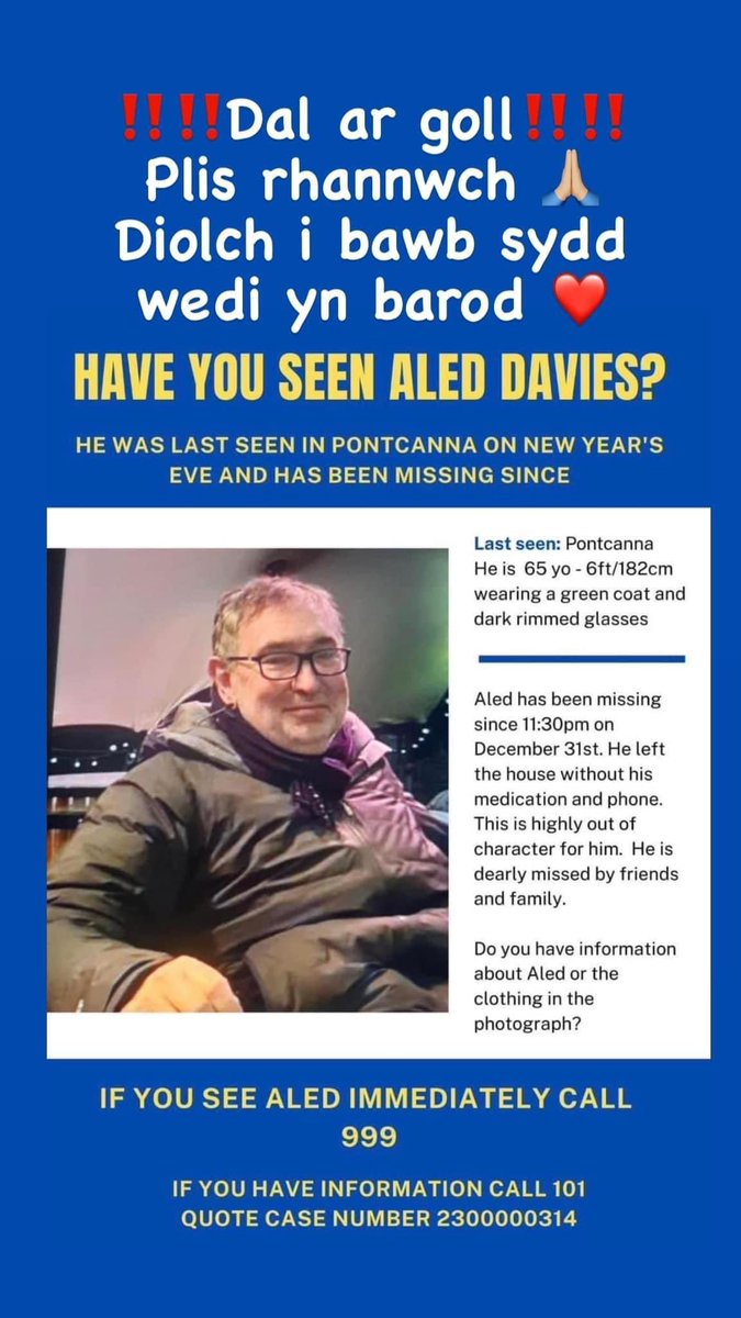 Hey all. 

My colleague’s Dad is still missing after disappearing on New Year’s Eve in the Pontcanna area of #Cardiff. 

Please look out for him + share this poster. Diolch. ❤️