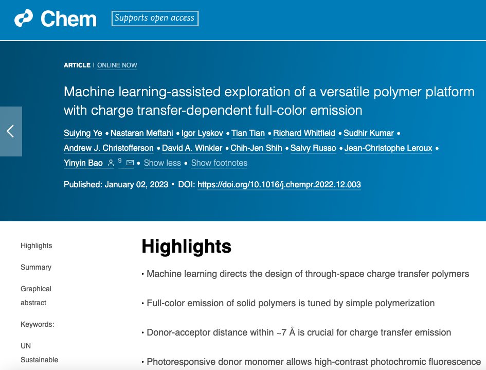 Yinyin Bao (@yinyin_bao) on Twitter photo Great start of the new year with first paper 2023! Nice collaboration again with <a href="/VizProd/">Andrew J. Christofferson</a> <a href="/MeftahiNastaran/">Nas Meftahi</a> & Salvy Russo <a href="/RMIT/">RMIT University</a>. We reported a new strategy for color-tunable charge-transfer fluorecent polymers. Free access for 50 days <a href="/Chem_CP/">Chem</a> authors.elsevier.com/a/1gM818jWHEDe… Great start of the new year with first paper 2023! Nice collaboration again with <a href="/VizProd/">Andrew J. Christofferson</a> <a href="/MeftahiNastaran/">Nas Meftahi</a> & Salvy Russo <a href="/RMIT/">RMIT University</a>. We reported a new strategy for color-tunable charge-transfer fluorecent polymers. Free access for 50 days <a href="/Chem_CP/">Chem</a> authors.elsevier.com/a/1gM818jWHEDe…