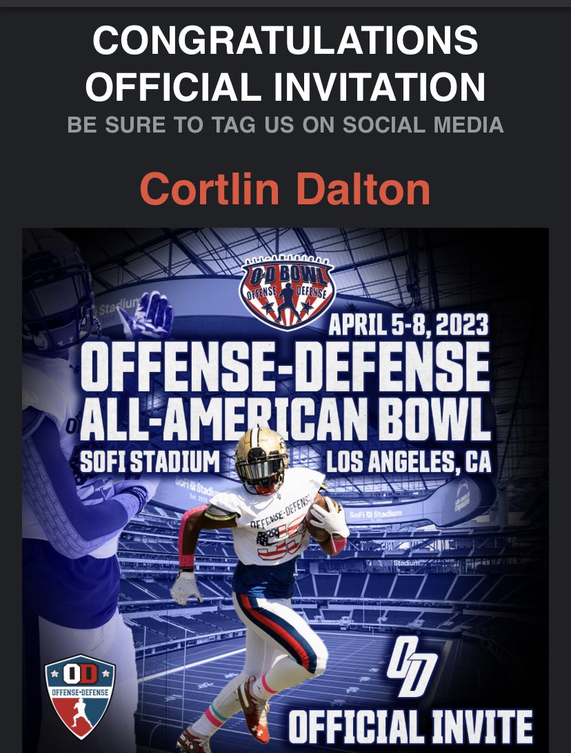 I’m beyond blessed to have received an invite to the OD All-American Bowl in LA!! <a href="/BouchardFred/">Fred Bouchard</a>
@MidwestFootbal1 
<a href="/JPRockMO/">JP Rock</a> 
<a href="/GSV_STL/">Gateway Sports Venue</a> 
<a href="/NateLatsch/">Nate Latsch</a> 
<a href="/MICDSfootball/">MICDS Rams Football</a> 
<a href="/coachgoldberg1/">Coach Goldberg</a> 
<a href="/ODFootballCamps/">Offense-Defense Football</a>