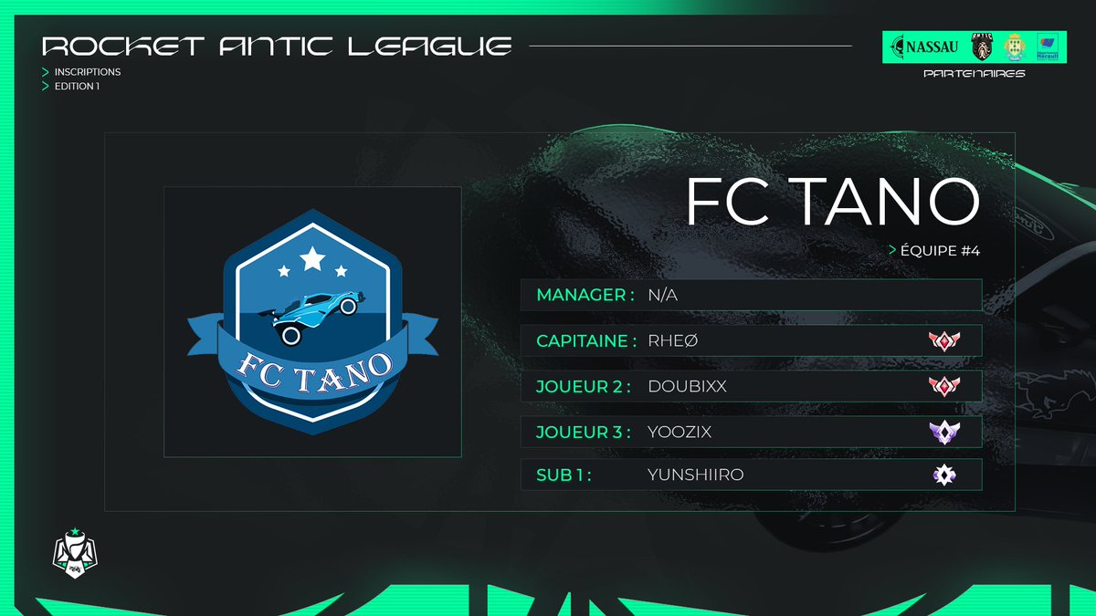 antic_events's tweet photo. 🟢 #RAL : Rocket Antic League
🎮 [𝟬𝟰/𝟭𝟲] - #FCTANO

Bienvenue au #FCTANO (@Rheoklash) qui intègre la Ligue #RocketLeague 1550/1750 🚀

➡️ https://t.co/5lKVt8utKh https://t.co/K3Wje3uNIq