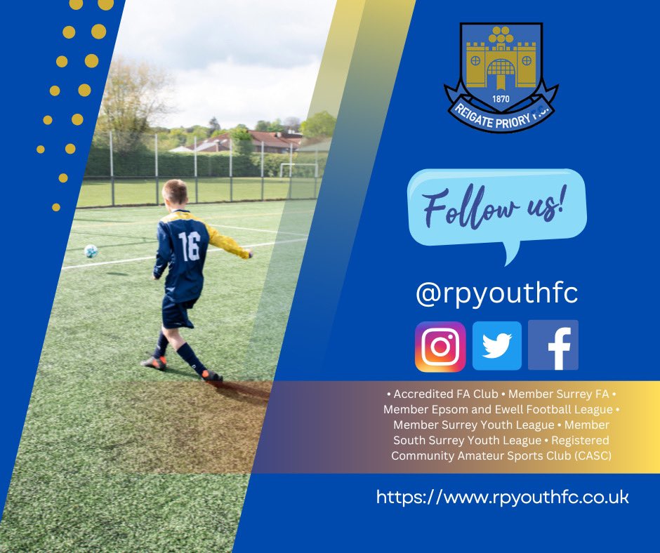 At Reigate Priory Youth FC we are improving communication with our members, supporter’s, sponsors and community partners, across our social media platforms, please follow us for latest news and updates.
#reigate #football #surrey #community #grassrootsfootball