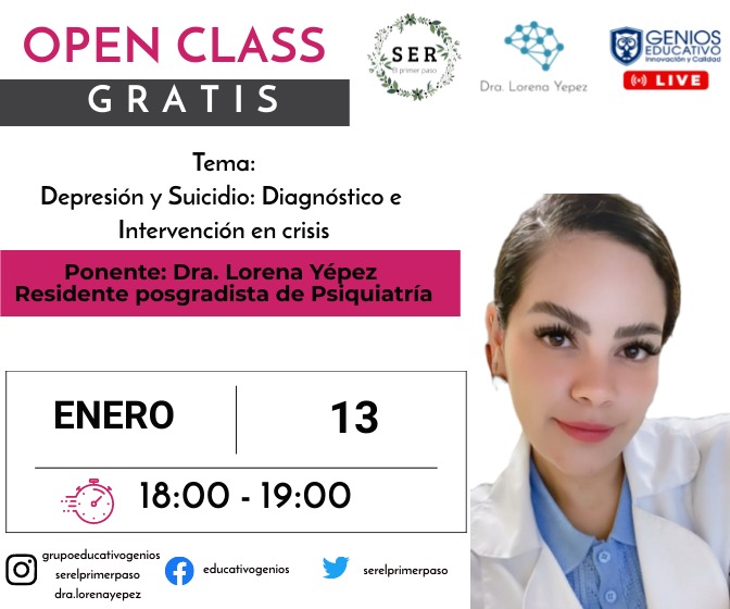 🌟OPEN CLASS GRATIS 🌟 
✅ Depresión y Suicidio: Diagnostico e Intervención en crisis. 
🗓 Viernes 13 Enero 
⏰ 18:00 🇪🇨🇵🇪🇨🇴
⏰ 17:00 🇲🇽🇸🇻
⏰ 20:00 🇦🇷🇨🇱🇧🇷 
👩‍⚕️ Expositor: 
Dra. Lorena Yépez.
Residente Posgradista de Psiquiatría. 
👇Inscripciones GRATIS 👇 
forms.gle/D3RYwV3vkvDJTT…