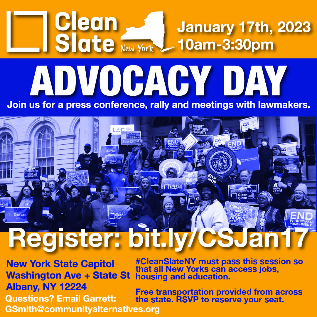 JAN 17: CLEAN SLATE CAN'T WAIT. Join us in Albany to demand the end of perpetual punishment. We need everyone to bring the people power and get #CleanSlateNY passed now. Transportation provided across the state. RSVP here: bit.ly/CSJan17