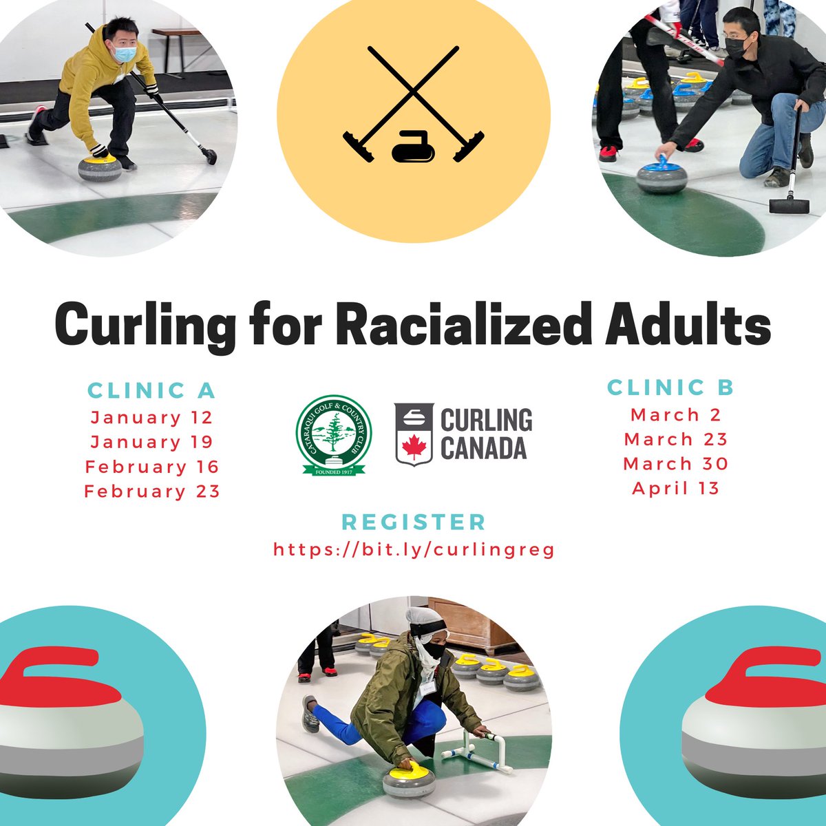 Introducing a new curling program for racialized adults in cooperation with <a href="/CurlingCanada/">Curling Canada</a>. Two clinics to choose from: January/February OR March/April. Each $20 clinic consists of four 1-hour sessions weekly from 8-9 pm. 
Register at bit.ly/curlingreg
#unitedwecurl