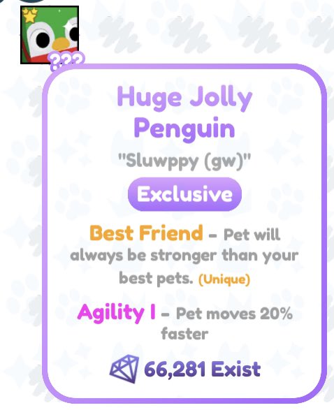 sluwppy's tweet photo. 🌟Pet Simulator X Giveaway🌟 
~Huge Jolly Penguin~
Rules
1.follow
2.retweet
3.comment “done”
Ends in 3 days 
#Roblox #PetSimulatorX https://t.co/Mr7FOvCvQv