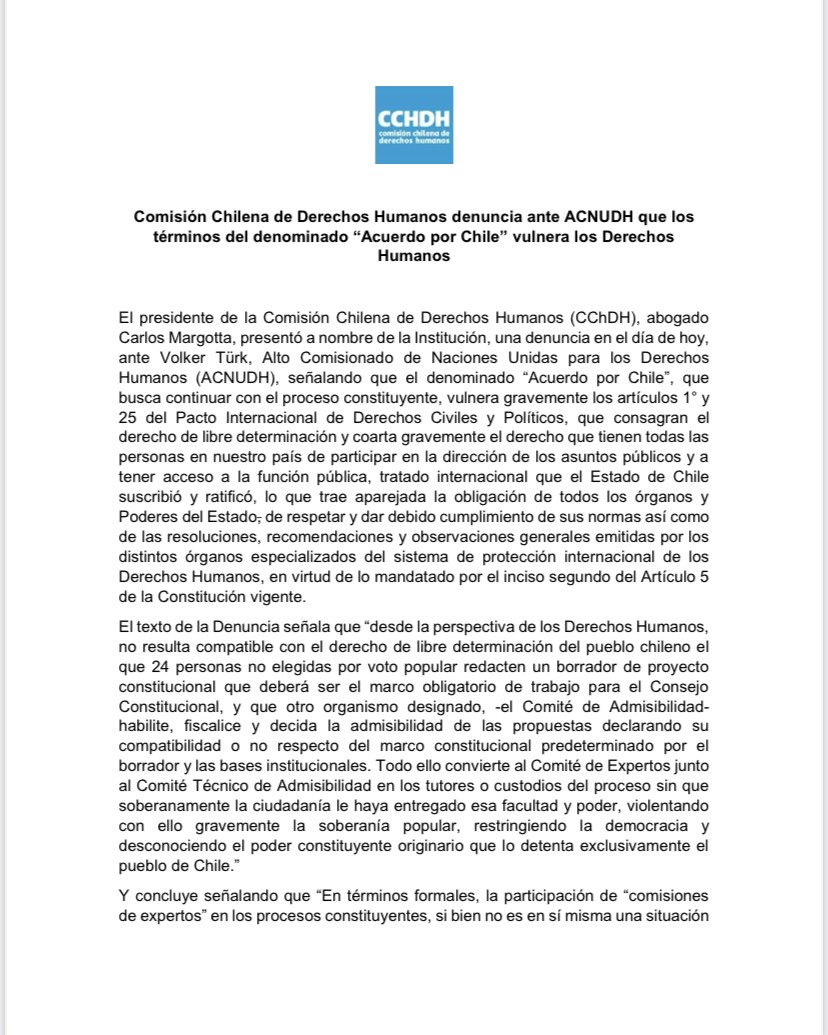 ComisionChilena's tweet photo. Comisión Chilena de Derechos Humanos denuncia ante ACNUDH que los términos del denominado "Acuerdo por Chile" vulnera los Derechos
Humanos. https://t.co/wgU3zfYZ8N