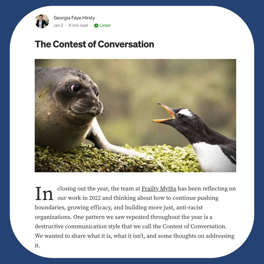 With the new year, one thing that has been on our minds lately is the Contest of Conversation—a destructive communication style that manifests as a competition for who can prove the other person(s) wrong. 
➡️Check out Georgia Faye Hirsty’s latest article! 
medium.com/@georgiafaye/t…