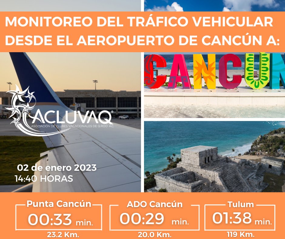 AcluvaqOficial's tweet photo. Te compartimos los tiempos aproximados desde el #Aeropuerto de #Cancun hacia los destinos, Zona Hotelera #PuntaCancun, #ADOCancun y #Tulum.
Toma tus precauciones. https://t.co/wZC24JSg21