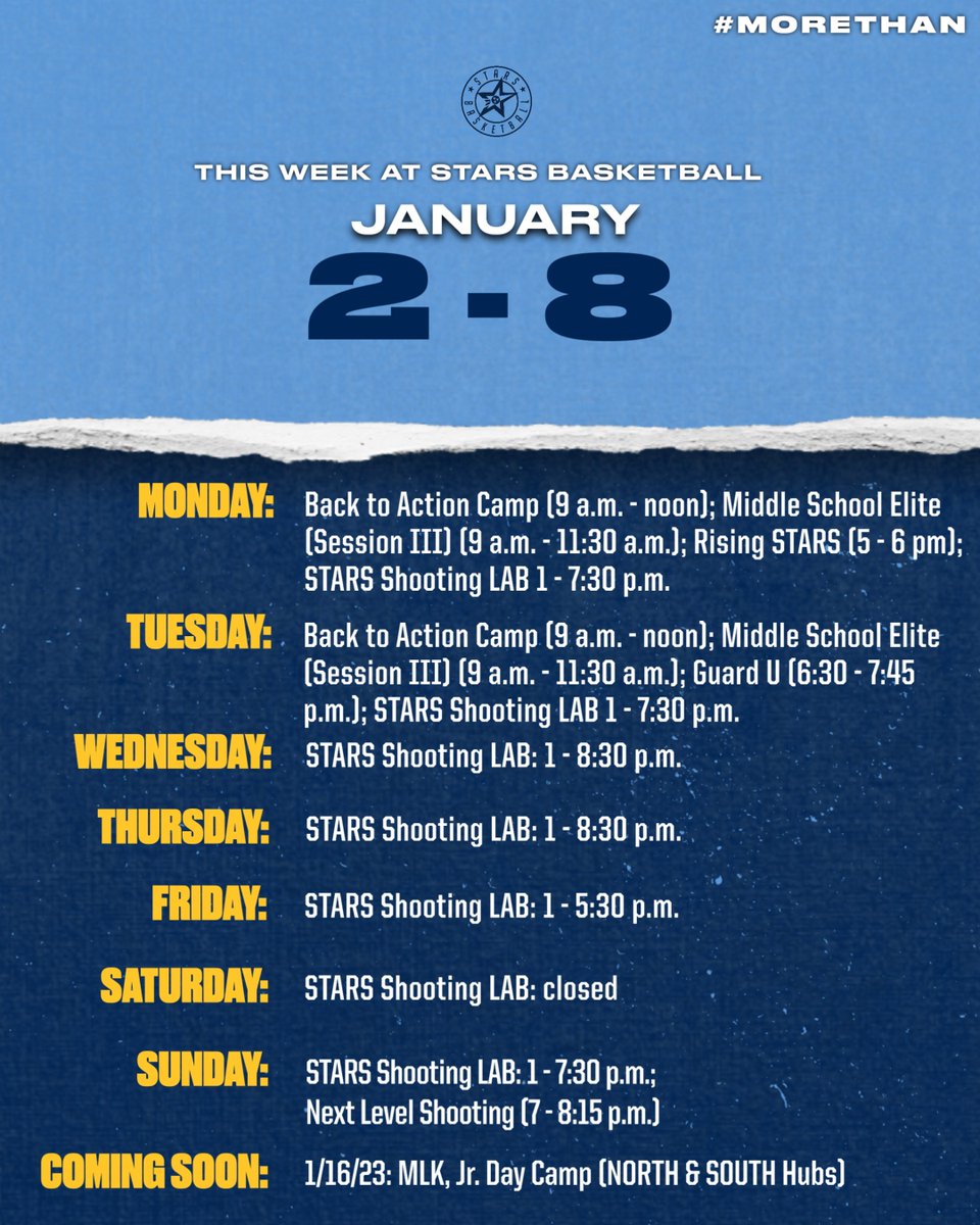 StarsBballClub's tweet photo. Turn the page on a new year and get back in the gym with us! Here's what is happening this week at STARS Basketball.
More at https://t.co/tkfKoPftBp
#newyear #getinthegym #hoopstime #morethan https://t.co/KGohlCDM1p