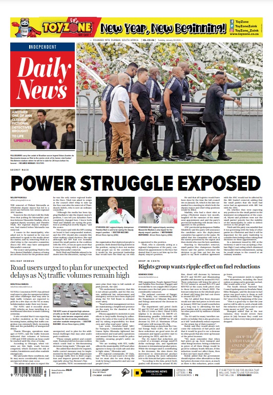 DailyNewsSA's tweet photo. Our front page on January 3, 2023 #eThekwiniMunicipality #NewYear #HappyNewYear #HappyNewYear2023 #KZNDOH #DOH #ANC https://t.co/yz78EW0Ypg